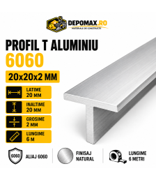 Profil T aluminiu 20 x 20 x 2 mm, 6 metri